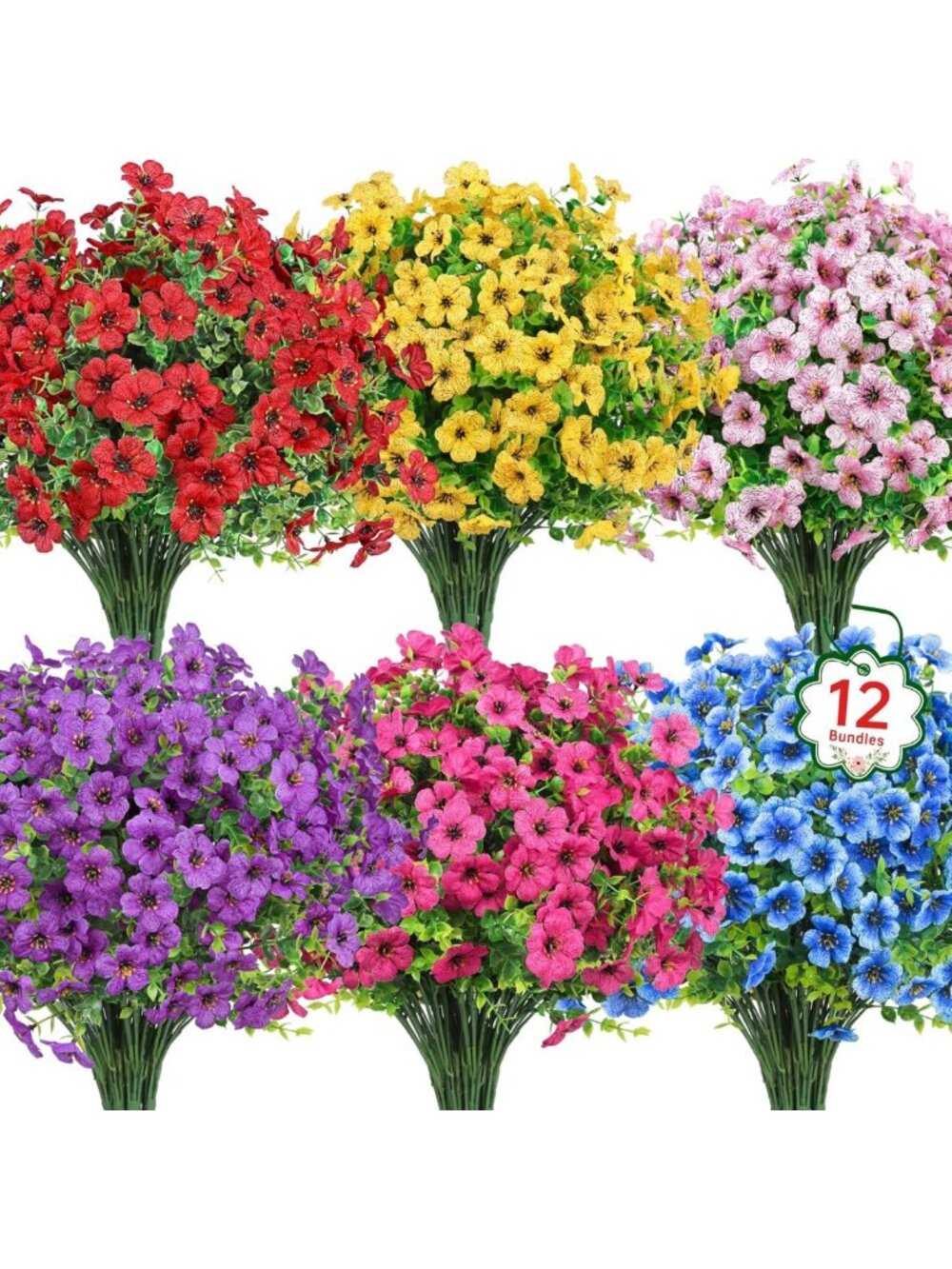 12 Bundles UV Resistant Artificial Flowers - Faux Silk Plants for Garden & Home